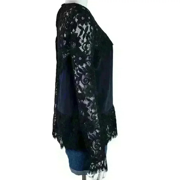 Intermix Black Lace Long Sleeve Blouse Women’s Size M Silk Navy Contrast Top - Picture 2 of 9